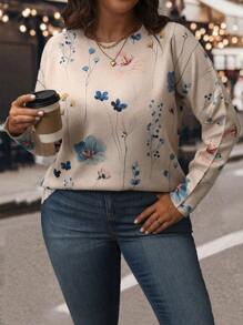 SHEIN LUNE Suéter holgado de cuello redondo con estampado de flores para mujer de talla grande, para invierno