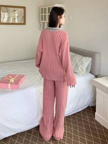 DAZY Knitted Colorblock Lapel Design Loose Homewear Set Fall,Winter Pajama