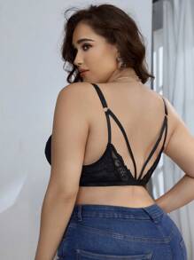 Plus Size Bras & Wireless Bras, Sexy Charm, Front Closure, Contrast Lace, Ribbon Decor, Lingerie - Black - View 2