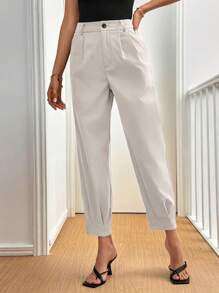 Selianne Women's Elegant Solid Color Pleated Detail Regular Trousers, Autumn - Beige - View 3
