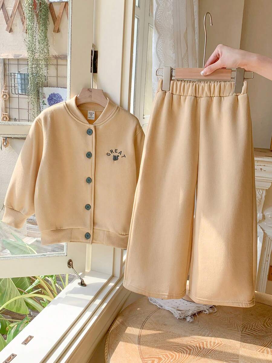 SHEIN 年轻女孩优雅法式棕色字母刺绣针织宽松长袖运动衫和裤子套装，秋冬