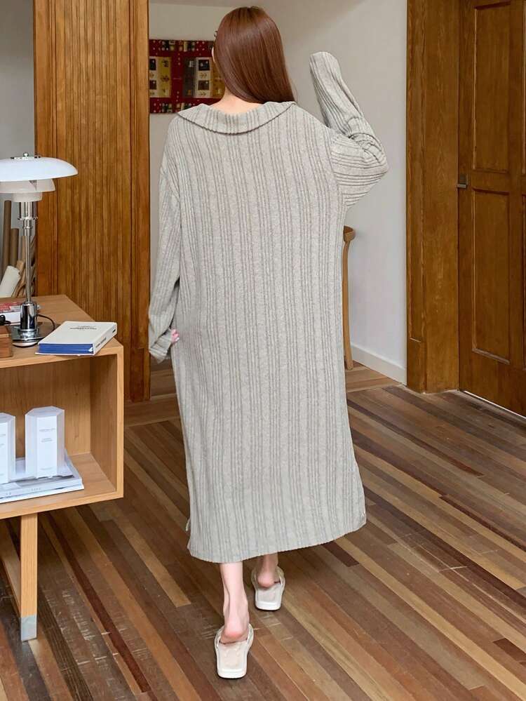 Soft Ribbed Fabric Collared Loungewear Dress, Pajama, Cozy Outfit, Fall & Winter, Moo Moo Night Dress