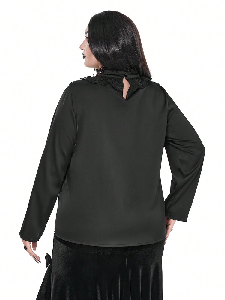 Whyspr Halloween Goth Punk Plus Size Women Gothic Punk Contrast Lace Ruffle Hem Long Sleeve Shirt - Black - View 5