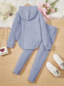 SHEIN 2 件套 Tween 女童罗纹连帽不对称下摆 T 恤和紧身裤套装