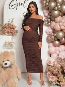 Loomaby 孕妇长袖荷叶边露肩纯色连衣裙，春夏季，适合婴儿洗礼 - 咖啡棕 - 查看 4