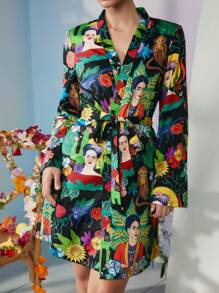 Frida Kahlo X SHEIN Fall And Winter Black Loose Plant & Figure Graphic Surrealism Dress, Fall - Black - View 6