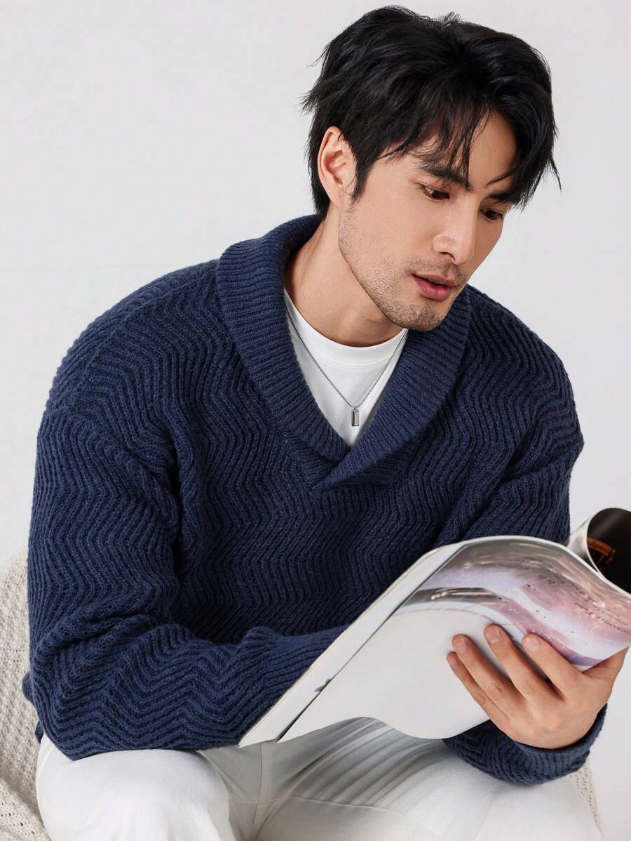 Manfinity Homme Men Plain Minimalist Casual Long Sleeve Collar Sweater - Navy Blue - View 1