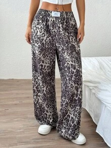 SHEIN EZwear Quần ống rộng ống loe họa tiết chữ và da báo cho nữ - Màu Khaki - Xem 3