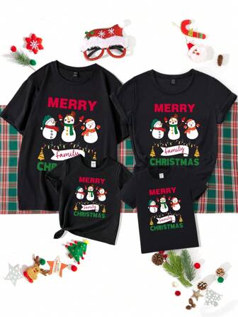 SHEIN Zusammenpassende Weihnachtsoutfits für Mutter und Kleine Mädchen, schwarzes Rundhals T-Shirt mit lustigem 3-Schneemänner-Muster, lässig und modisch für die Weihnachtsfamilienparty (4 Stücke separat erhältlich)