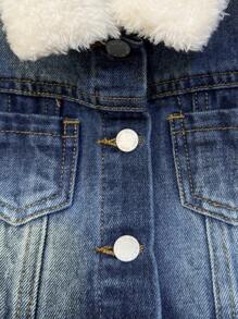 SHEIN Áo khoác denim xanh không tay cổ lông giả dễ thương cho bé gái, Quần áo thu đông cho bé gái - Rửa tối - Xem 5