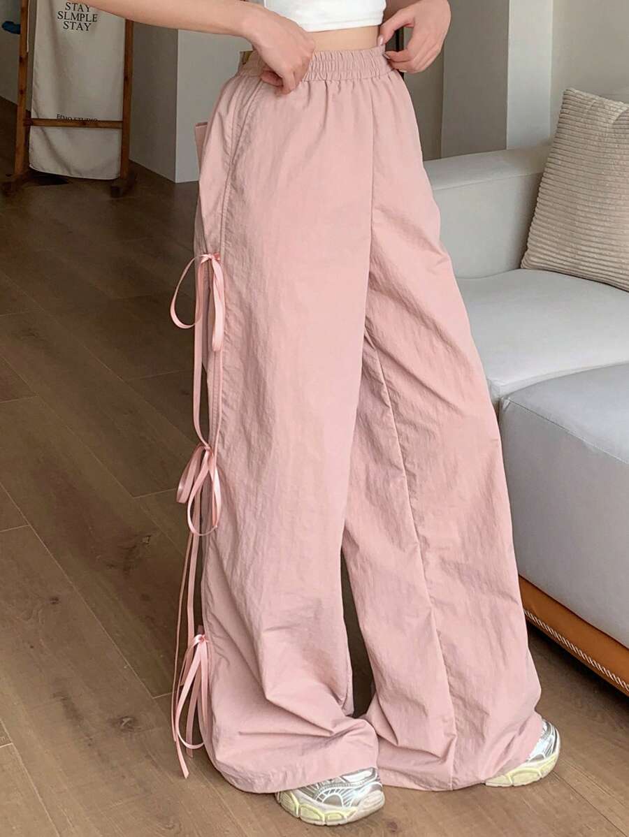 DAZY 女式纯色系带宽松休闲裤 - 粉色 - 查看 1