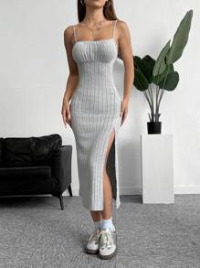 SHEIN EZwear 1 pieza Vestido gris de punto con tirantes finos y abertura alta para mujer - Gris - Ver 4