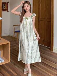 DAZY 全印花荷叶边下摆吊带睡袍 - 綠色 - 查看 5