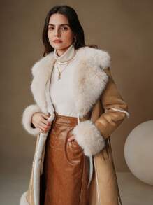 Anewsta Thickened Fluffy Trimmed Fluffy Furry Cinched Waist Regular Jacket For Women - Apricot - View 4