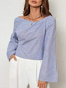 SHEIN Privé Blusa casual con cuello asimétrico minimalista de manga larga para mujeres