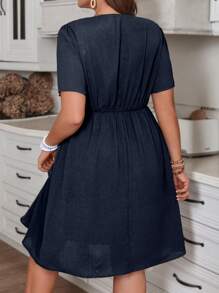 SHEIN VCAY Đầm tay ngắn thêu họa tiết cỡ lớn cho nữ - Màu xanh hải quân - Xem 2