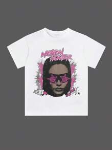 SHEIN 女士圆领短袖字母印花简约 T 恤，休闲日常穿着图案 T 恤女式上衣 - 白色 - 查看 4