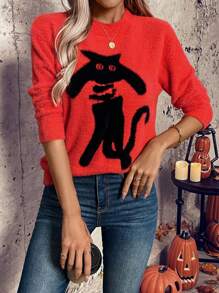 EMERY ROSE Halloween Women's Casual Loose Fit Cartoon Cat Pattern Long Sleeve Pullover Sweater, Autumn & Winter - Orange - View 6