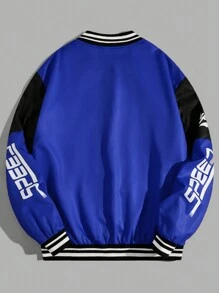SHEIN 青少年男童休闲拼接撞色棒球夹克，赛车标志印花长袖罗纹腰带运动外套 - 寶藍色 - 查看 2