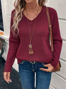 EMERY ROSE 女士纯色 V 领长袖简约毛衣、休闲装 - 酒紅色 - 查看 5