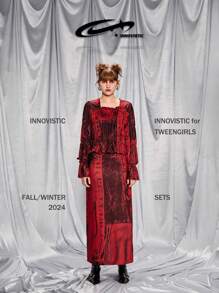 SHEIN 万圣节少女牛仔印花短款上衣和长裙套装，适合搭配单肩包、背包、斜挎包、棒球帽、渔夫帽、贝雷帽、踝靴、休闲鞋、玛丽珍鞋、太阳镜、耳机 - 紅色 - 查看 1