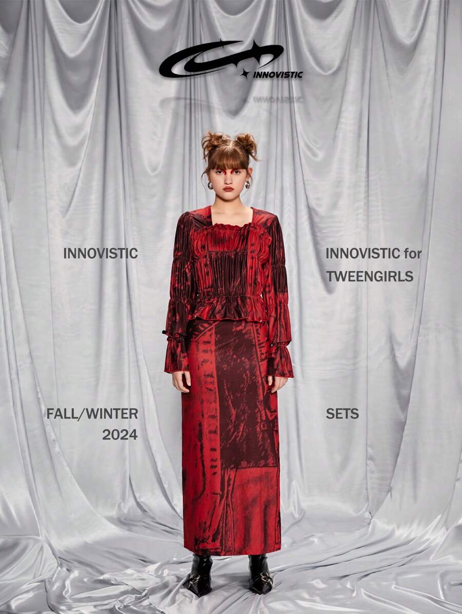 SHEIN 万圣节少女牛仔印花短款上衣和长裙套装，适合搭配单肩包、背包、斜挎包、棒球帽、渔夫帽、贝雷帽、踝靴、休闲鞋、玛丽珍鞋、太阳镜、耳机 - 紅色 - 查看 1