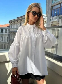 EURMUSE 100%Cotton Diamond Decorated Lantern Sleeve Shirt With Stand Collar - White - View 3