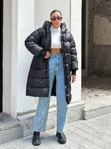 EURMUSE Zip Up Hooded Puffer Coat - Black - View 1