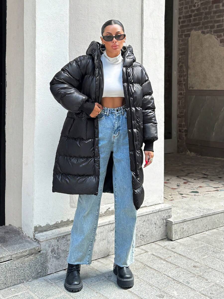 EURMUSE Zip Up Hooded Puffer Coat - Black - View 1