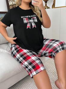Bộ đồ ngủ tay ngắn 3/4 in nơ kẻ caro rộng rãi, thường ngày, cỡ lớn - màu đen - Xem 3