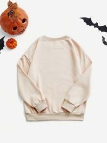 SHEIN Unity 女士圆领长袖休闲南瓜和黑猫图案印花宽松套头衫万圣节运动衫 - 米色 - 查看 2