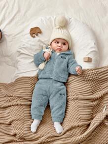 SHEIN 新生男婴/女婴可爱刺绣字母图案连帽夹克和裤子套装，秋冬