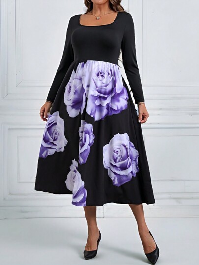 EMERY ROSE Plus Size Elegant Floral Printed Long Sleeve Fall Dress