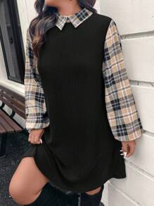 SHEIN LUNE 大码女式豹纹拼布灯笼袖罗纹直筒宽松休闲连衣裙，秋季节日装节日派对礼服加大码连衣裙 - 彩色 - 查看 3