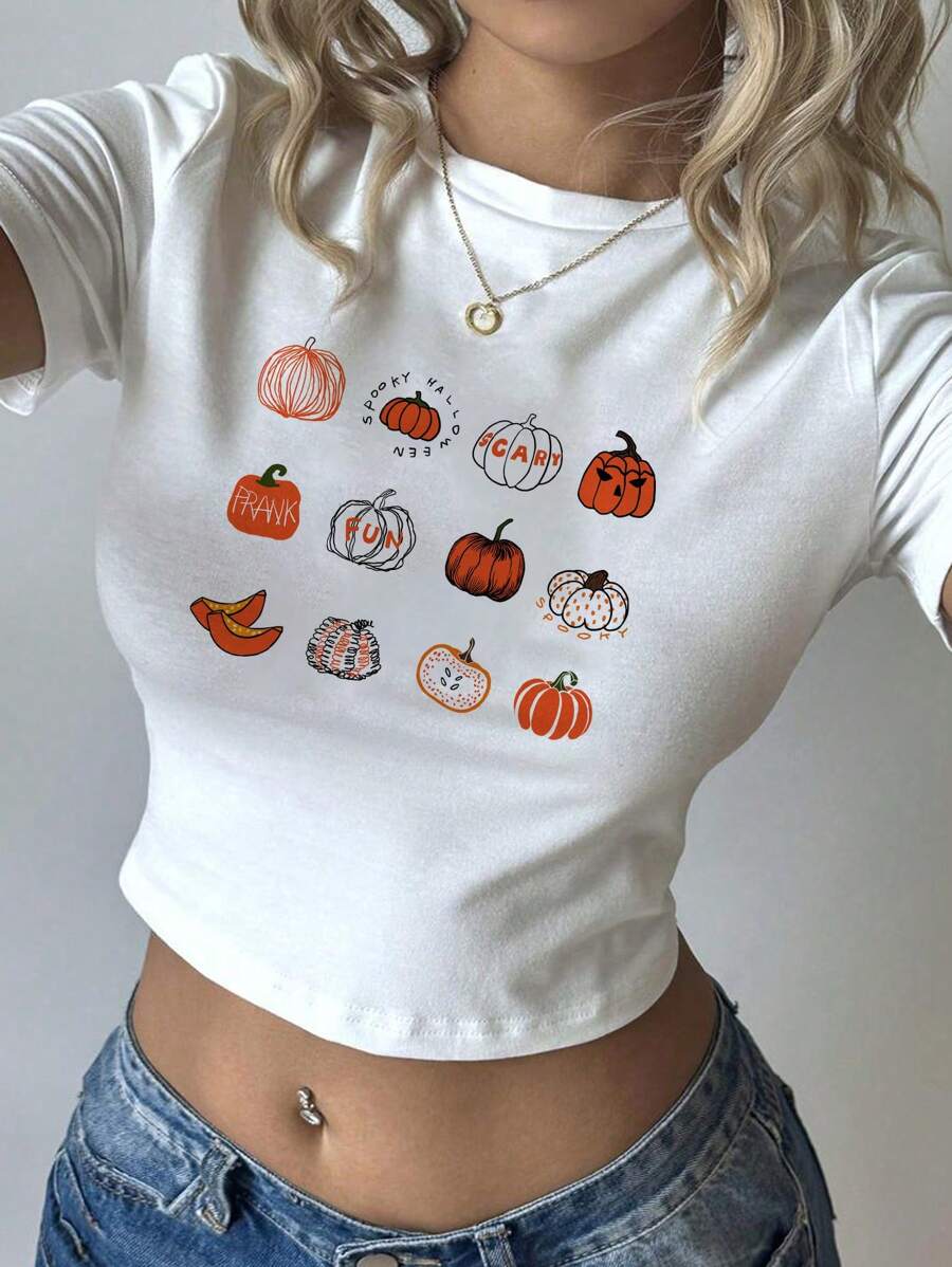 SHEIN EZwear Casual Cartoon Pumpkin Print White Crew Neck Short Sleeve Cropped Fitted Women T-Shirt, Suitable For Halloween, Cotton Blend