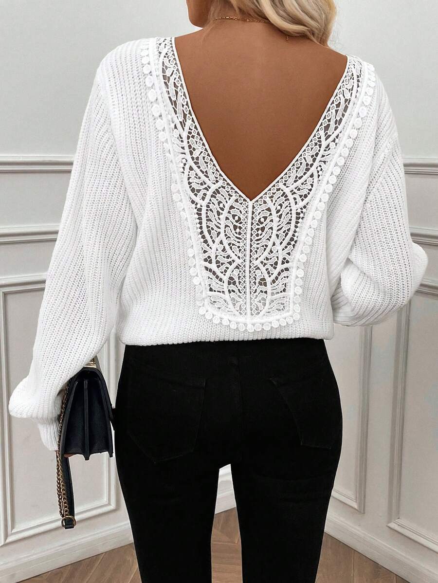 EMERY ROSE Plain Crew Neck Long Sleeve Contrast Guipure Lace Minimalist Sweater, Casual Daily Wear, Knit Pullover Fall Winter - White - View 1