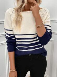 SHEIN LUNE 女士休闲圆领插肩袖条纹宽松套头毛衣 秋冬季 - 彩色 - 查看 1