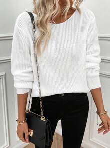 EMERY ROSE Plain Crew Neck Long Sleeve Contrast Guipure Lace Minimalist Sweater, Casual Daily Wear, Knit Pullover Fall Winter - White - View 7