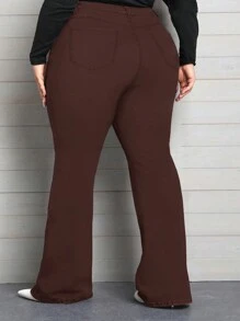 SHEIN CURVE+ 大码纯色弹力喇叭牛仔裤 - 酒紅色 - 查看 2