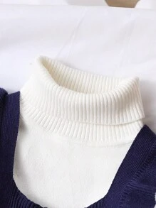 SHEIN Vintaside Kids 女嬰針織毛衣連身褲，藍色吊帶褲，保暖舒適休閒優雅套裝，適合日常、戶外、旅行，秋季穿著 - 藏蓝色 - 查看 5