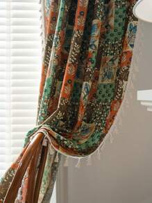 1 件多色印花窗帘，波西米亚风树苗印花流苏装饰遮光窗帘，适用于卧室、客厅、厨房、餐厅、咖啡店、办公室、圣诞节、万圣节、四季、秋季装饰、秋季装饰、房间装饰 - 彩色 - 查看 1