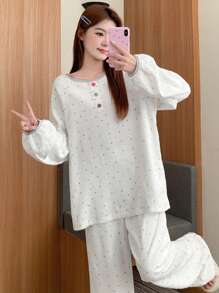 DAZY Polka Dot Print Velour Fabric Colorful Button Decor Pajama Set