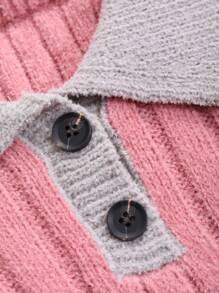 DAZY Knitted Colorblock Lapel Design Loose Homewear Set Fall,Winter Pajama