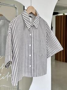 SHEIN Unity 女士休闲条纹卷袖宽松短款衬衫女士衬衫 - 棕色 - 查看 3