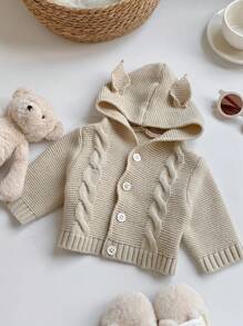 SHEIN Nouveau-né Bébé Garçon/Fille Beige Automne Hiver Vintage Texturé Capuche Cardigan Avec Design Oreille 3D, Décontracté Et Chaud, Adapté Pour Une Utilisation En Intérieur Et Extérieur