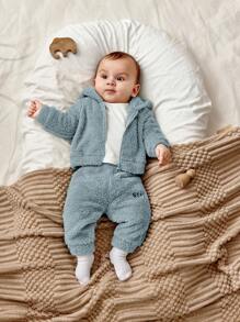 SHEIN 新生男婴/女婴可爱刺绣字母图案连帽夹克和裤子套装，秋冬