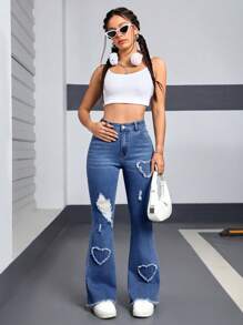 SHEIN EZwear Damen Jeans mit Teddybär-Motiv, Knopfleiste vorne, mehreren Taschen, Used-Look, ausgefranster Kante