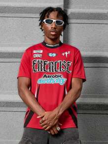 PAVTROS Manfinity Streetrush Men Mesh Athletic Fitted Stand Collar Round Neck Printed T-Shirt - Red - View 4