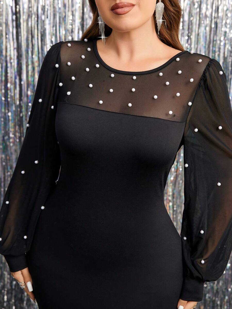 SHEIN Clasi 优雅串珠网眼撞色大码女士黑色派对礼服，适合秋冬季