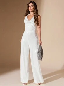 SHEIN BAE 女士纯色亮片挂脖阔腿连体裤